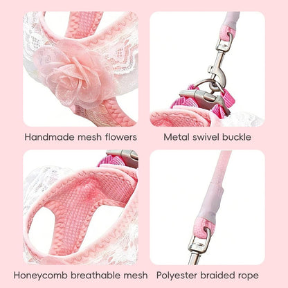 Chic Pink Lace Harness & Leash Set for Small Pets - Floral Vest-Style Design, Ideal for Dogs & Cats, Perfect for Stylish Walks!