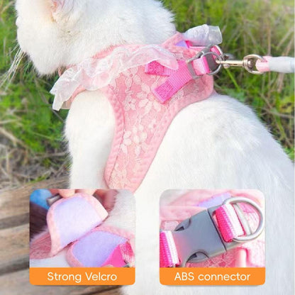 Chic Pink Lace Harness & Leash Set for Small Pets - Floral Vest-Style Design, Ideal for Dogs & Cats, Perfect for Stylish Walks!