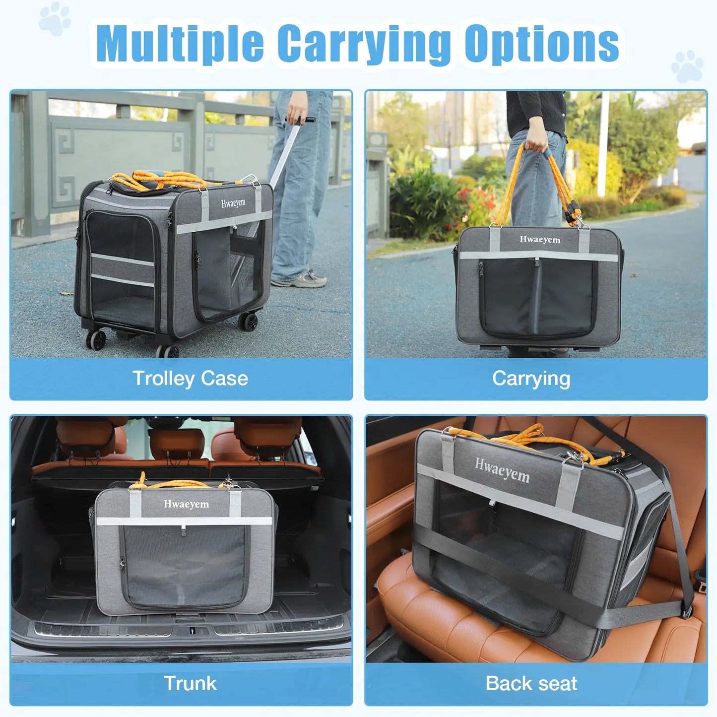 Extra Large Rolling Pet Carrier - Adjustable Height, Airline Approved, Holds Up to 40lbs - Stylish Soft-Sided Black Mesh Travel Bag for Cats & Small Dogs