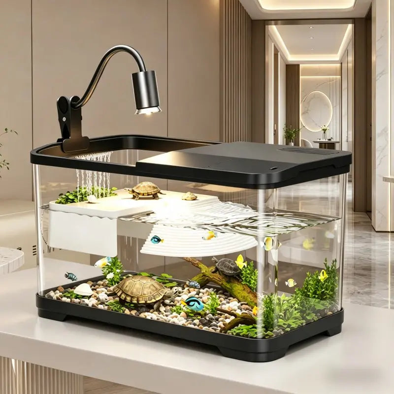 Eco-Friendly Turtle Tank with Sun Deck - Complete Aquatic & Terrestrial Habitat Combo for Home Use