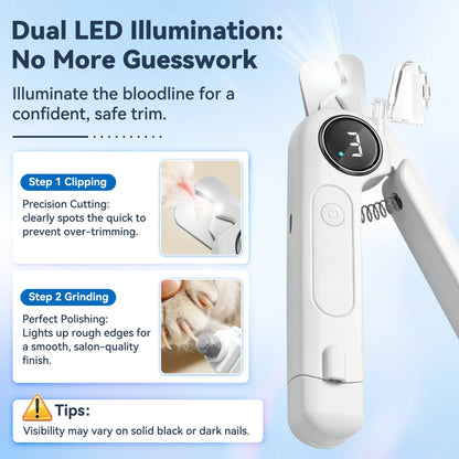 Ultimate 2-in-1 Pet Nail Clipper & Grinder with LED Light - Rechargeable, Quiet, 3 Speeds, Safety Lock & Splash Guard for Dogs & Cats
