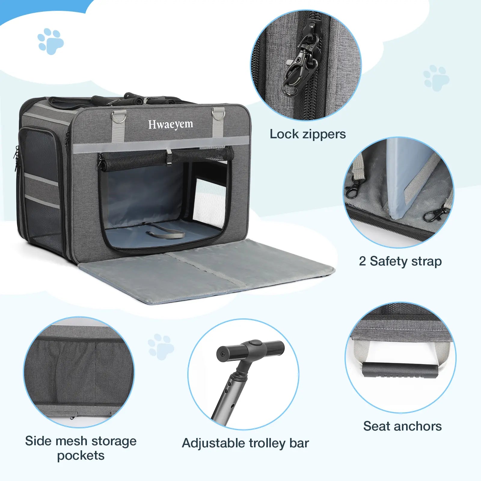 Extra Large Rolling Pet Carrier - Adjustable Height, Airline Approved, Holds Up to 40lbs - Stylish Soft-Sided Black Mesh Travel Bag for Cats & Small Dogs