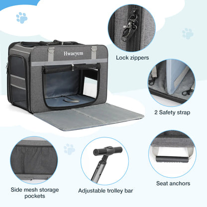 Extra Large Rolling Pet Carrier - Adjustable Height, Airline Approved, Holds Up to 40lbs - Stylish Soft-Sided Black Mesh Travel Bag for Cats & Small Dogs