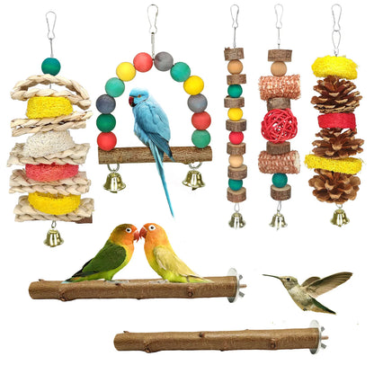 Delight Your Small Parrots with 7 Piece Natural Wood Bird Toy & Perch Set - Perfect for Parakeets, Cockatiels, Lovebirds & Budgies!