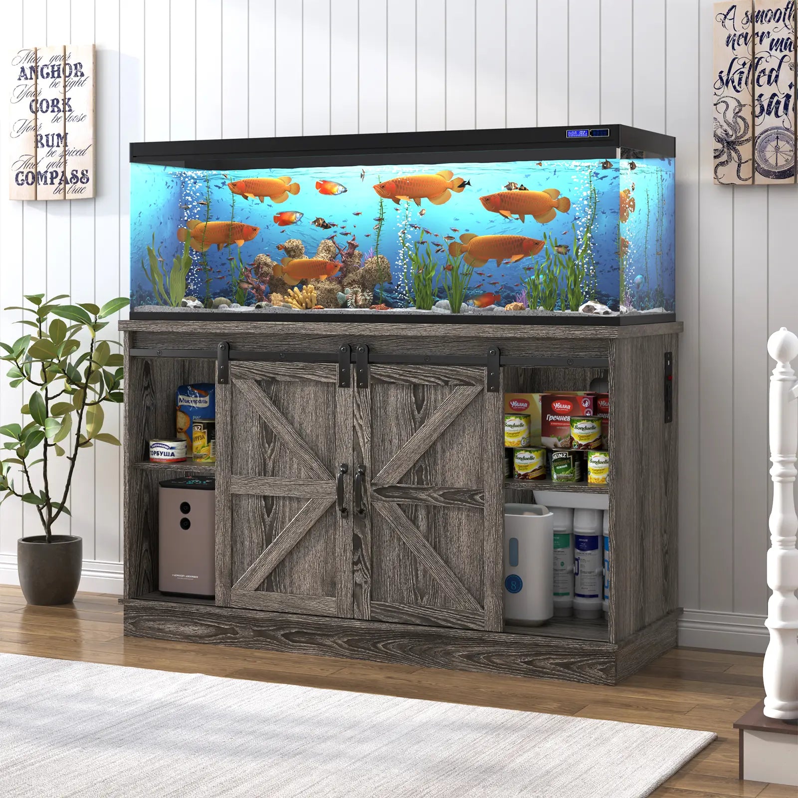 Stylish Farmhouse Aquarium Stand with Power Outlet - Heavy Duty 20 to 120 Gallon Fish Tank & Reptile Tank Cabinet with Sliding Barn Door in White, Grey, or Black