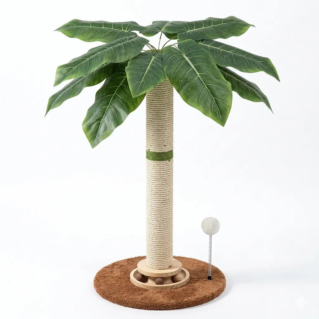 Tropical Leaf Cat Scratching Post - 28” Natural Sisal Rope & Solid Wood, Adorable Cat Tree with Dangling Toy for Safe Indoor Scratching for Kittens & Adults