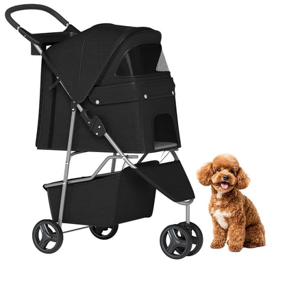 Lightweight 3-Wheel Pet Stroller - Foldable, Waterproof & Mesh-Breathable (Black) 🐾🖤