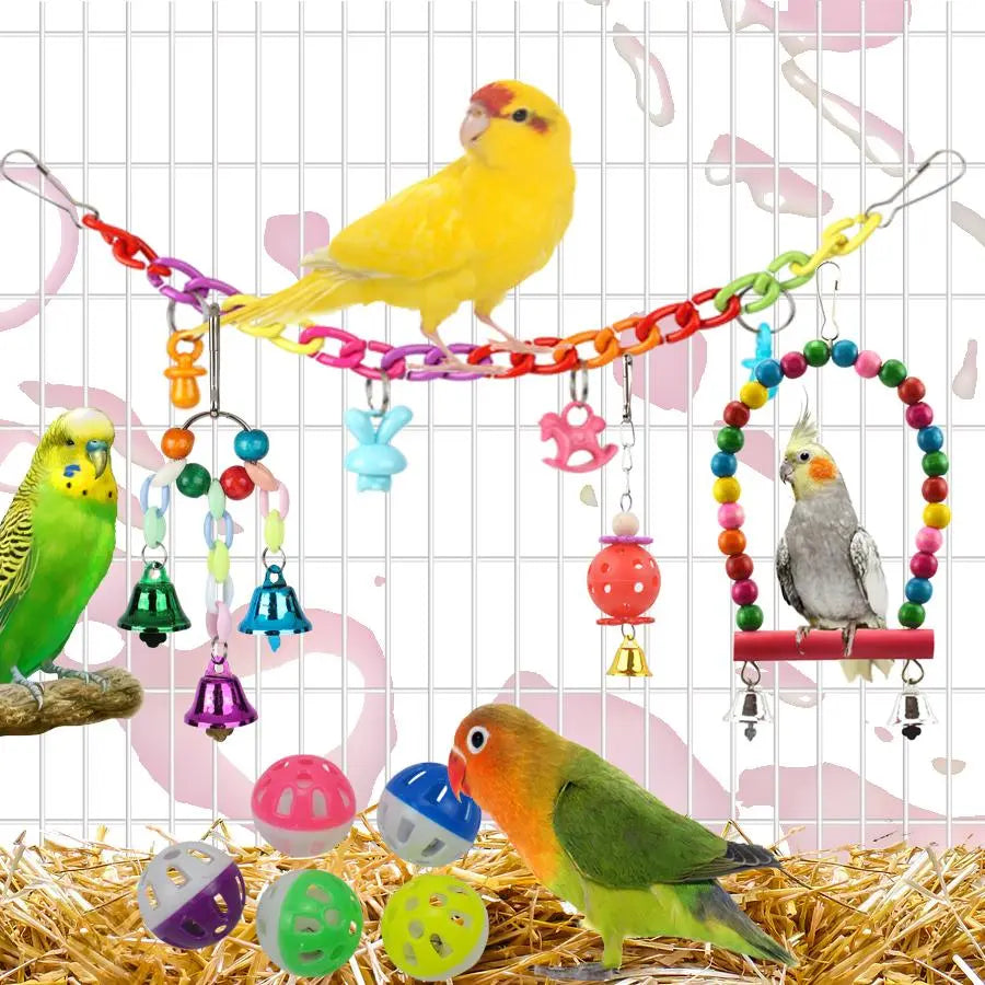 Vibrant Parrot Playtime Set - 13 Fun Bird Toys Including Swing, Perch, Bell & Hammock - Perfect for Parakeets!