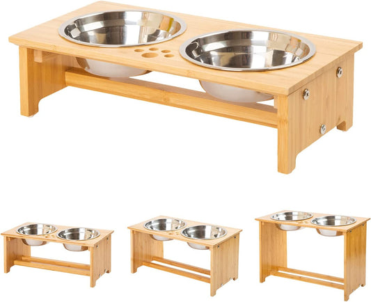 Elevated Bamboo Dog Feeder 🍽️🐾 Raised Stand w/ 2 Stainless Bowls – Anti‑Slip