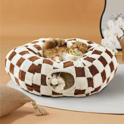 Cozy Cute Pet Tunnel Bed with Blanket - Plush Peek-A-Boo Cave for Dogs & Cats of All Sizes