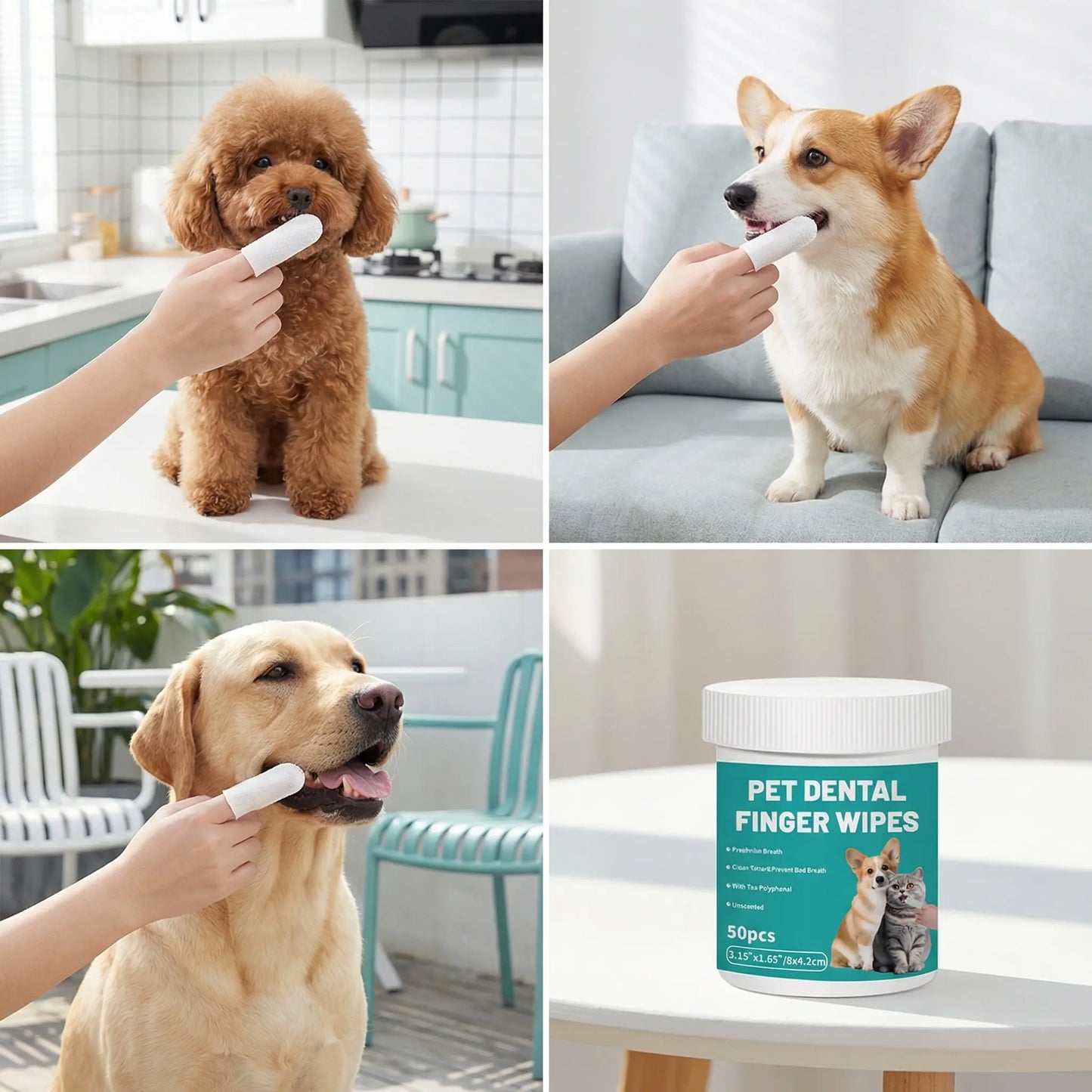 Happy Pup Life Pet Dental Wipes - 50-Count No-Rinse Finger Toothbrush Set for Dogs & Cats - Easy, Gentle Cleaning & Grooming Kit for Healthy Teeth & Ears - Perfect Travel Size