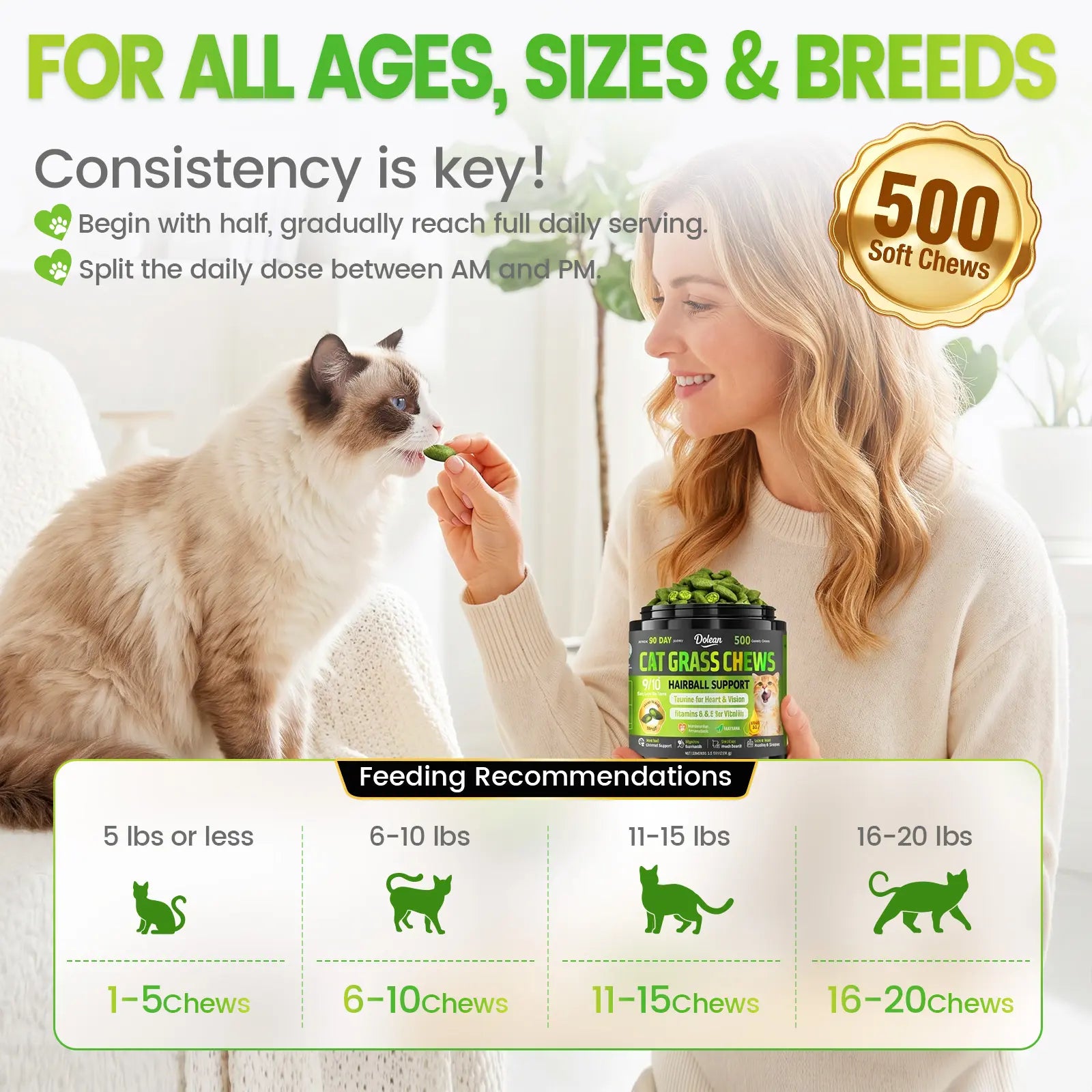 Dolean Cat Grass Chews - Crunchy Chicken Flavor Snack for Hairball Control & Digestive Health, 500 Grain-Free Treats with Essential Vitamins, Fish Oil & Taurine for Healthy Skin, Coat & Teeth