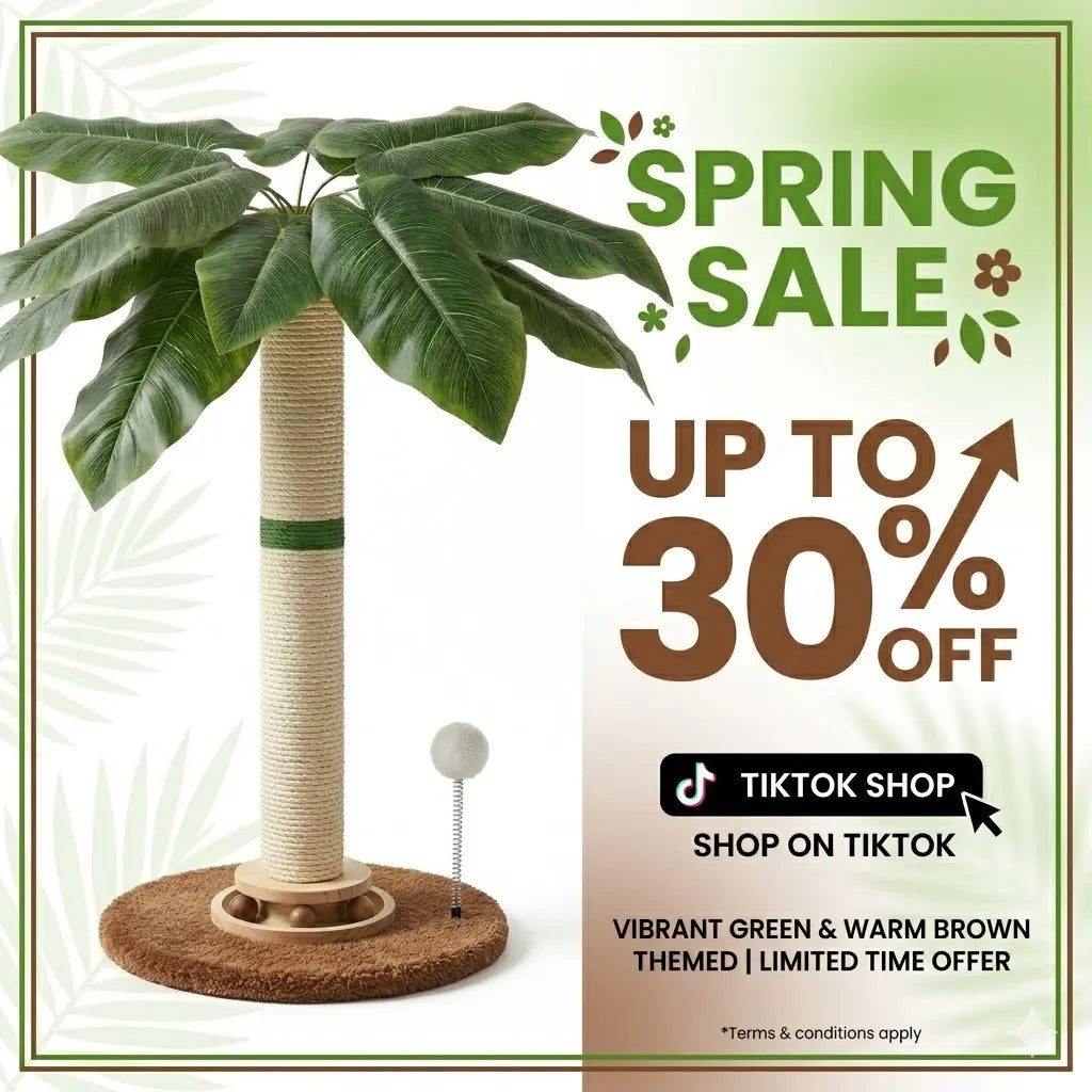 Tropical Leaf Cat Scratching Post - 28” Natural Sisal Rope & Solid Wood, Adorable Cat Tree with Dangling Toy for Safe Indoor Scratching for Kittens & Adults