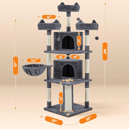 Yaheetech 68.5" Large Cat Tree Tower - Stable Multi-Level Cat House with 3 Wide Perches, Spacious Condo, and Sisal-Covered Scratching Posts - Dark Gray