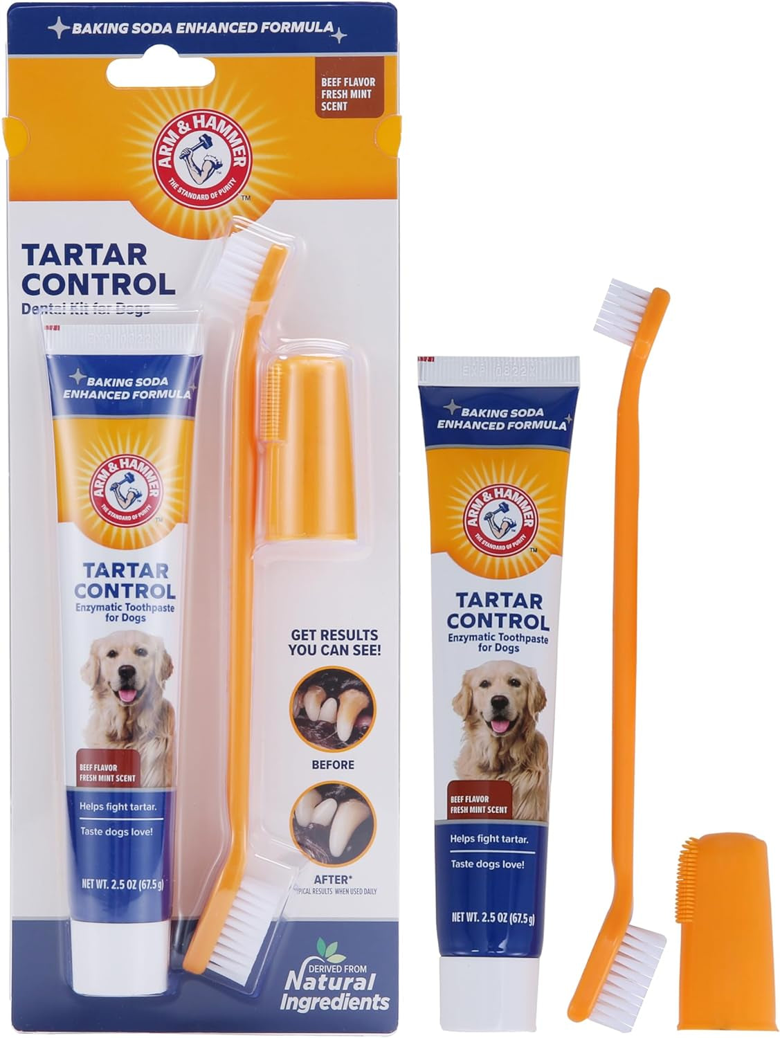Tartar Control Dog Dental Care Kit - Banana Mint Toothpaste with Baking Soda, Double-Sided Toothbrush & Finger Brush - 3-Piece Set, 2.5 Oz