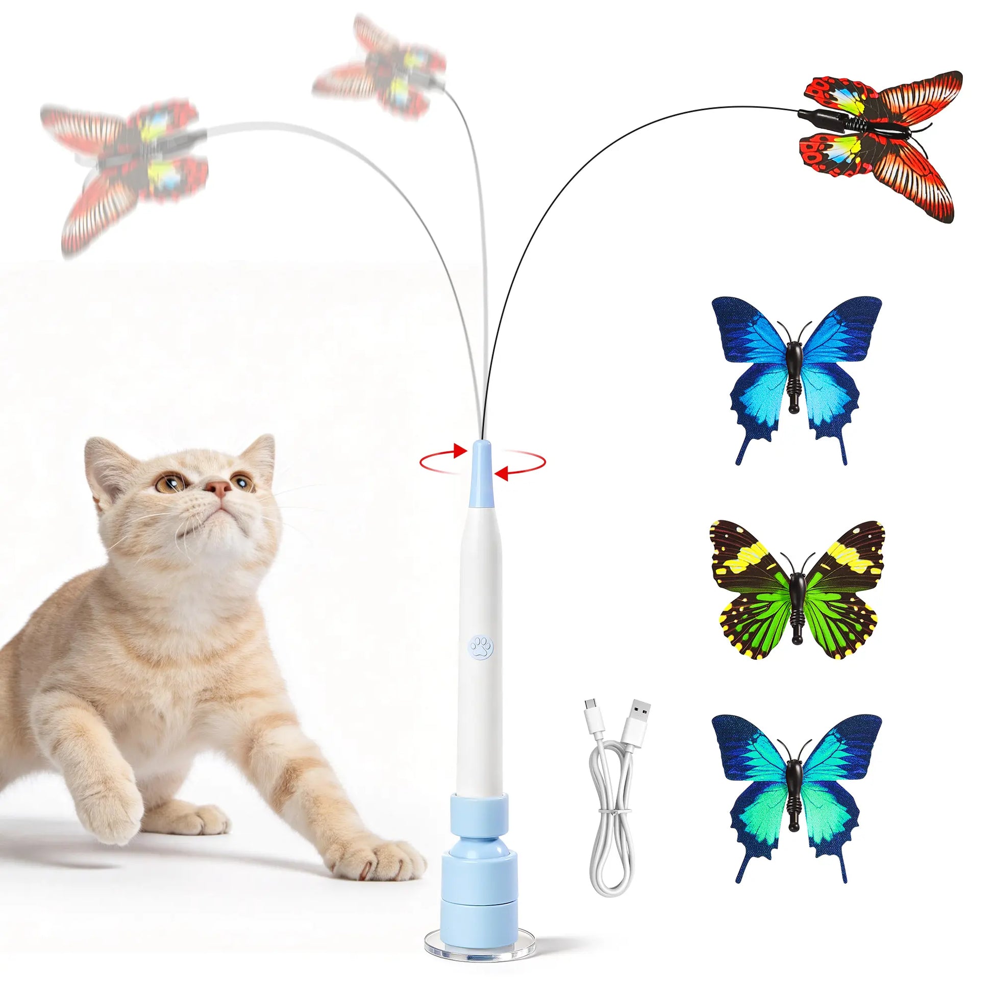 Potaroma Interactive Non-Toxic Butterfly Cat Wand - Electric Spinning Toy with Rechargeable USB, Suction Cup, and Self-Play Modes for Endless Fun!