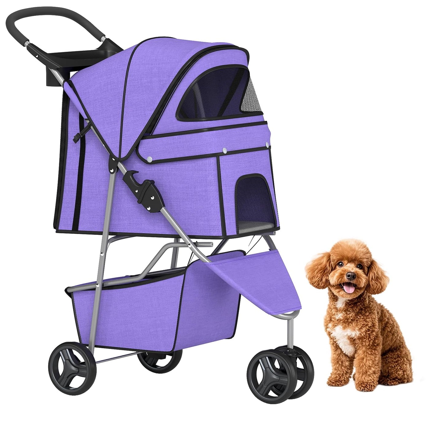Lightweight 3-Wheel Pet Stroller - Foldable, Waterproof & Mesh-Breathable (Black) 🐾🖤