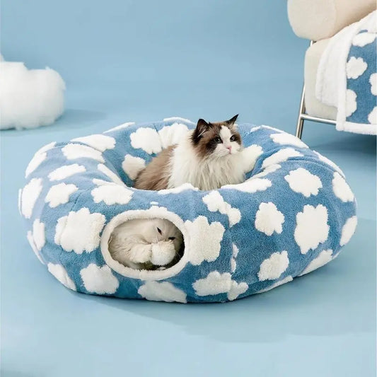 Cozy Cute Pet Tunnel Bed with Blanket - Plush Peek-A-Boo Cave for Dogs & Cats of All Sizes