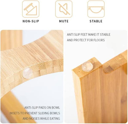 Elevated Bamboo Dog Feeder 🍽️🐾 Raised Stand w/ 2 Stainless Bowls – Anti‑Slip