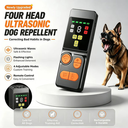 Ultrasonic Dog Repeller & Trainer - 4-Head Anti-Bark Device with 9 Adjustable Frequencies, LED Flashlight & Rechargeable Battery for Effective Outdoor Pet Behavior Correction