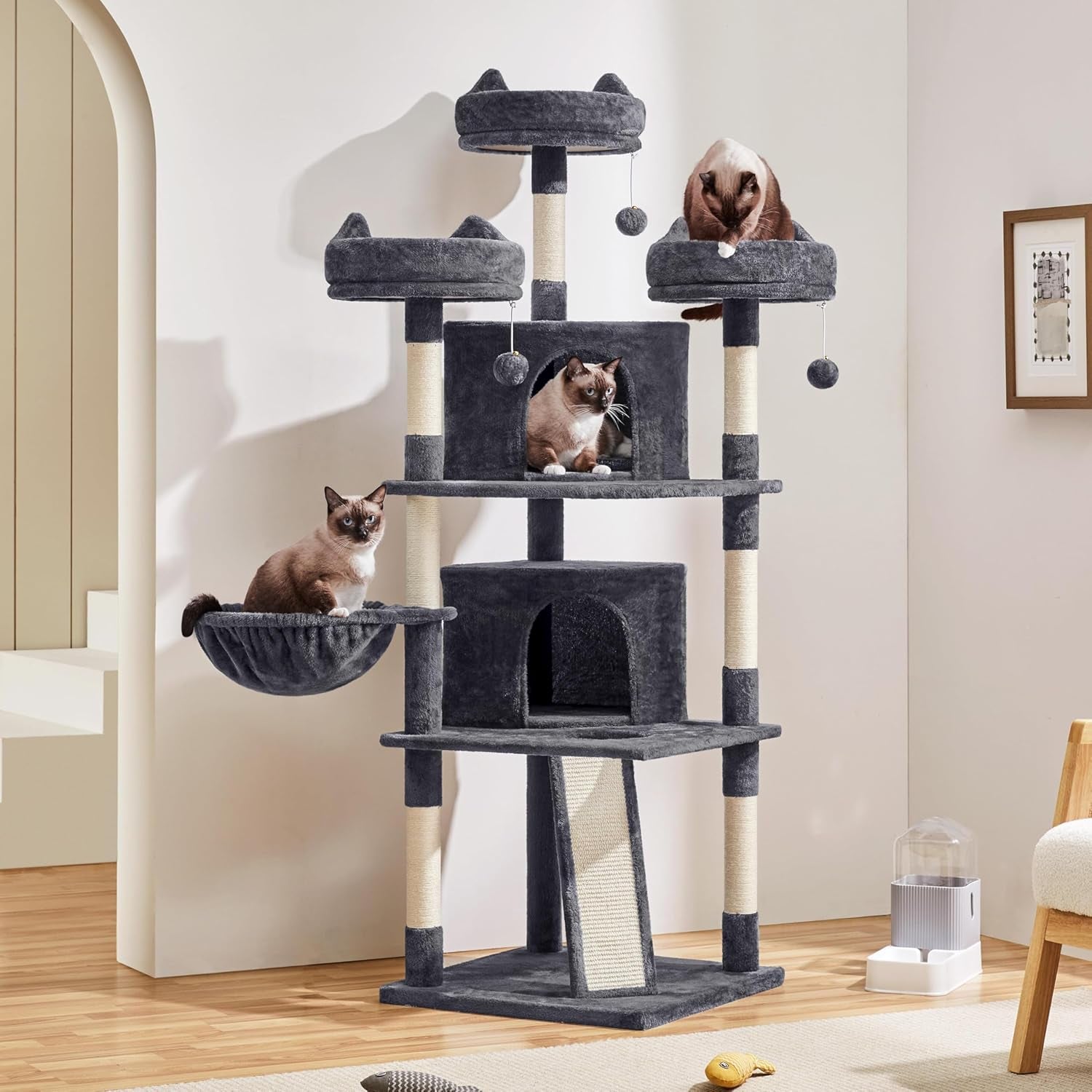 Yaheetech 68.5" Large Cat Tree Tower - Stable Multi-Level Cat House with 3 Wide Perches, Spacious Condo, and Sisal-Covered Scratching Posts - Dark Gray