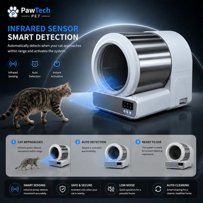 Pawtech Smart Auto-Cleaning Cat Litter Box - Whisper-Quiet, App-Controlled, 60L Capacity with Safety Sensors for Effortless Maintenance