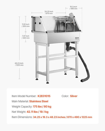 Vevor 34-Inch Stainless Steel Dog Washing Station - All-In-One Pet Grooming Tub with Hot & Cold Faucet, Showerhead, and Storage Rack for Easy Bathing at Home! Perfect for Small Dogs and Cats!