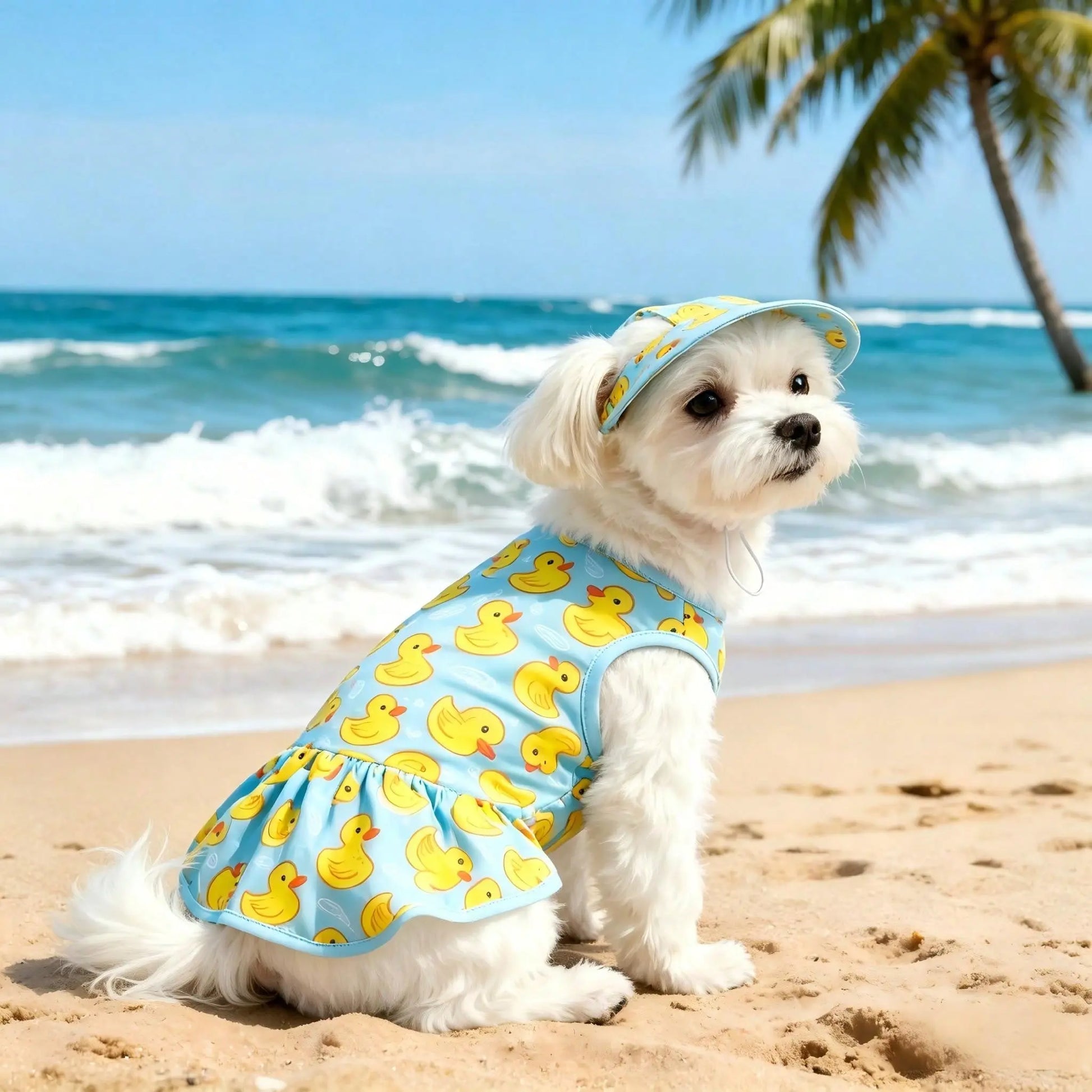 Adorable Blue & Yellow Duck Theme Pet Dress with Hat - Perfect Summer Outfit for Small/Medium Dogs and Cats! Ideal for Beach and Pool Days!