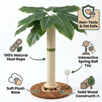 Tropical Leaf Cat Scratching Post - 28” Natural Sisal Rope & Solid Wood, Adorable Cat Tree with Dangling Toy for Safe Indoor Scratching for Kittens & Adults
