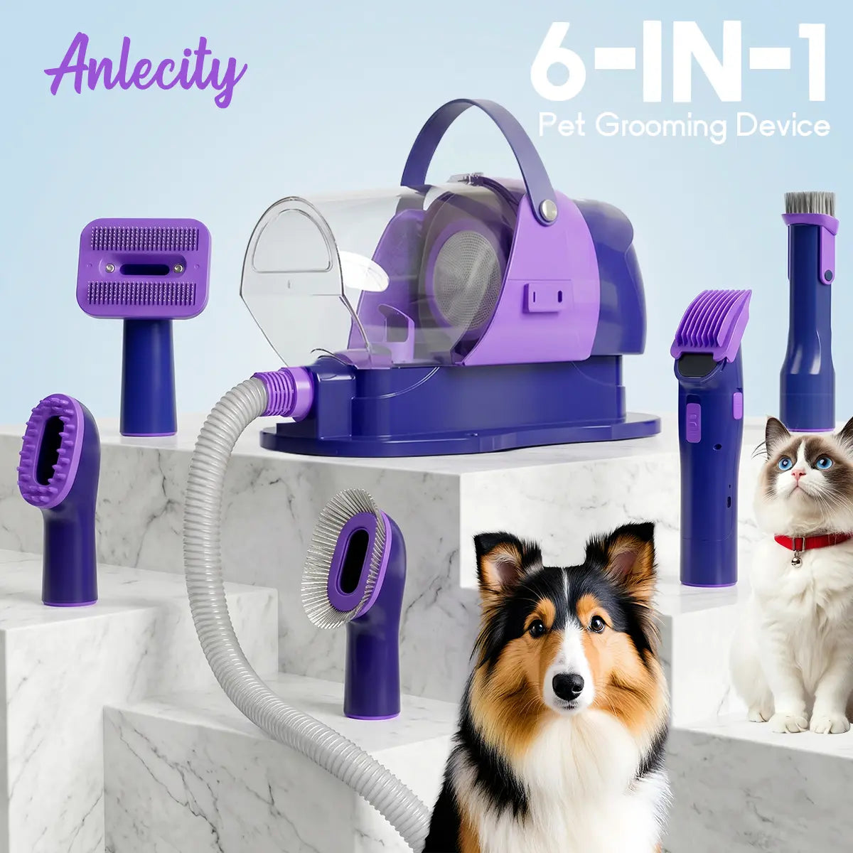 Anlecity Professional Dog Grooming Vacuum Kit - 6-in-1 with Cordless Clippers & 5 Tools, 3 Suction Modes, 3L Cup for Effortless Pet Hair Removal