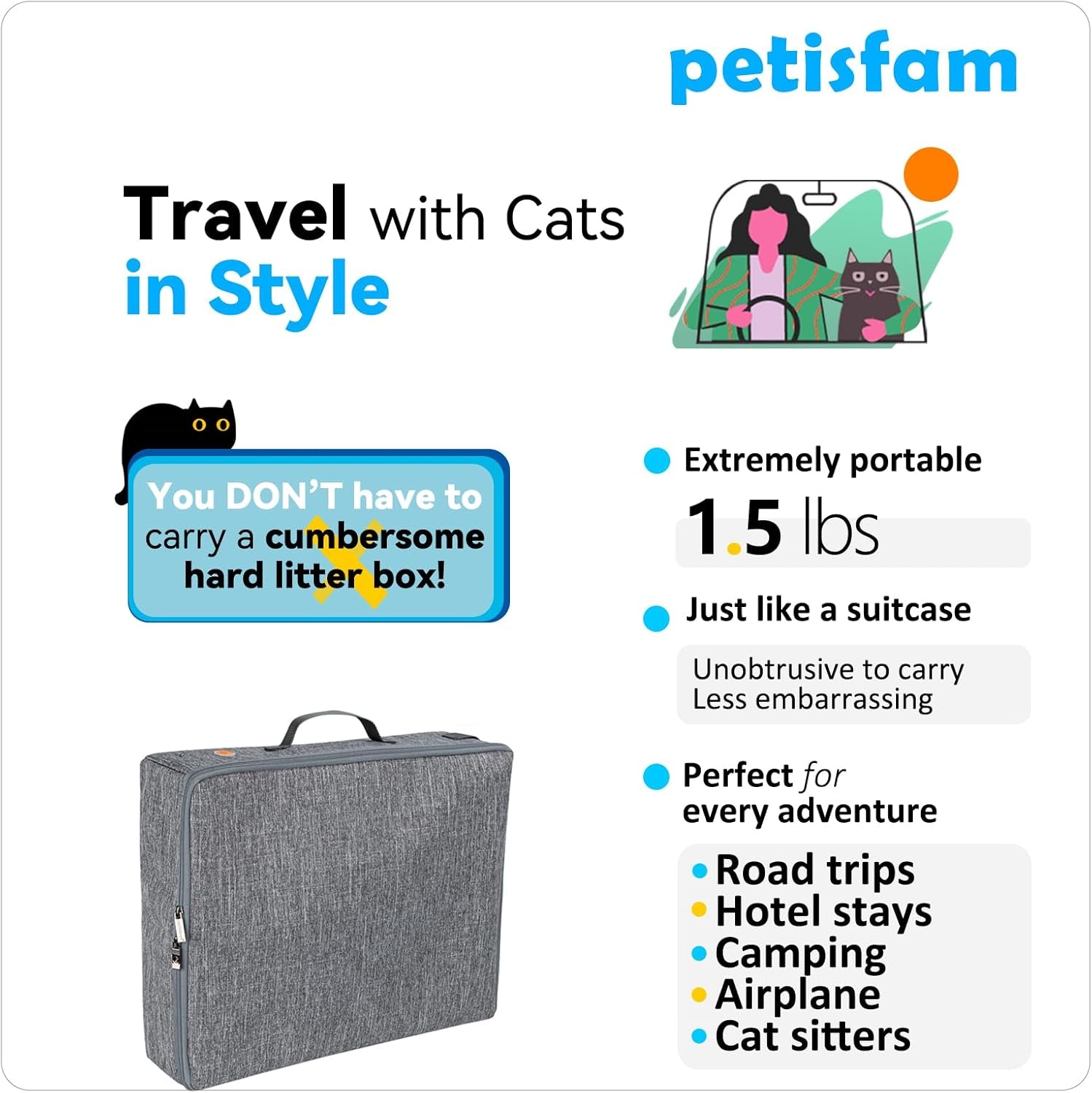 Portable Cat Travel Litter Box – lightweight, zipped design for easy carrying and mess-free travel in car, hotel, or airplane!