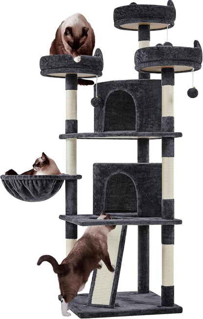 Yaheetech 68.5" Large Cat Tree Tower - Stable Multi-Level Cat House with 3 Wide Perches, Spacious Condo, and Sisal-Covered Scratching Posts - Dark Gray