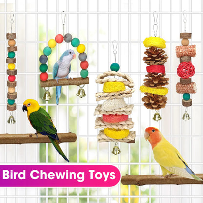 Delight Your Small Parrots with 7 Piece Natural Wood Bird Toy & Perch Set - Perfect for Parakeets, Cockatiels, Lovebirds & Budgies!