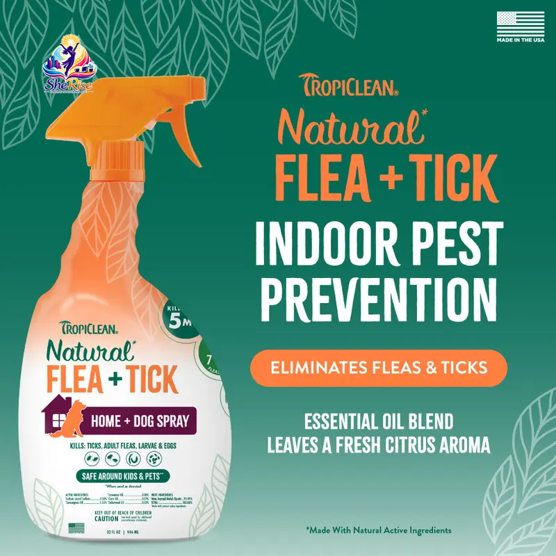 Say Goodbye to Fleas and Ticks with TropiClean's Natural Flea + Tick Home & Dog Spray - 32oz of Safe, Effective Protection for Your Pets!
