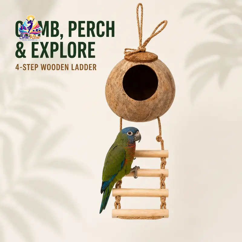 Transform your birdie's space with our Natural Coconut Shell Hanging Birdhouse! 🌴🐦 Featuring a cozy perch and a fun 4-step wooden ladder, it's the perfect retreat for your small birds like Conures and Parrots. 🥰🌼 #BirdHouse #PetLovers