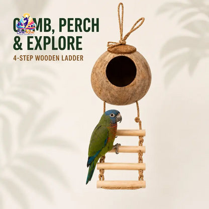 Transform your birdie's space with our Natural Coconut Shell Hanging Birdhouse! 🌴🐦 Featuring a cozy perch and a fun 4-step wooden ladder, it's the perfect retreat for your small birds like Conures and Parrots. 🥰🌼 #BirdHouse #PetLovers