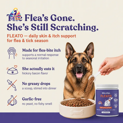 Transform Your Pup's Flea Season: Say Goodbye to Itchy Skin with Our Delicious Hickory Bacon Food Topper! 60 Servings of Flea-Bite Relief in Every Bottle!