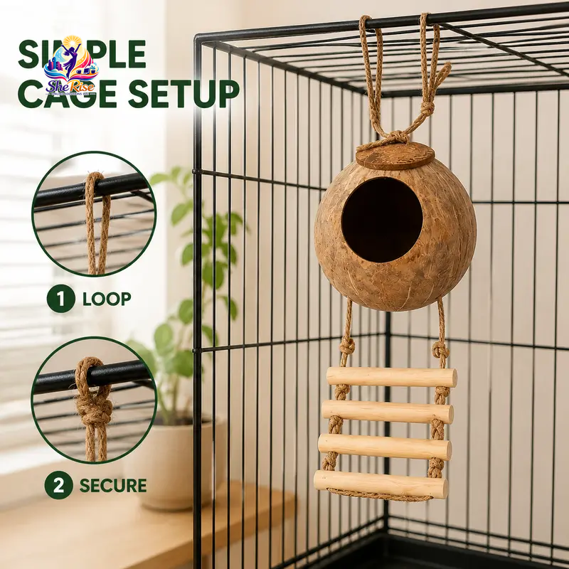 Transform your birdie's space with our Natural Coconut Shell Hanging Birdhouse! 🌴🐦 Featuring a cozy perch and a fun 4-step wooden ladder, it's the perfect retreat for your small birds like Conures and Parrots. 🥰🌼 #BirdHouse #PetLovers