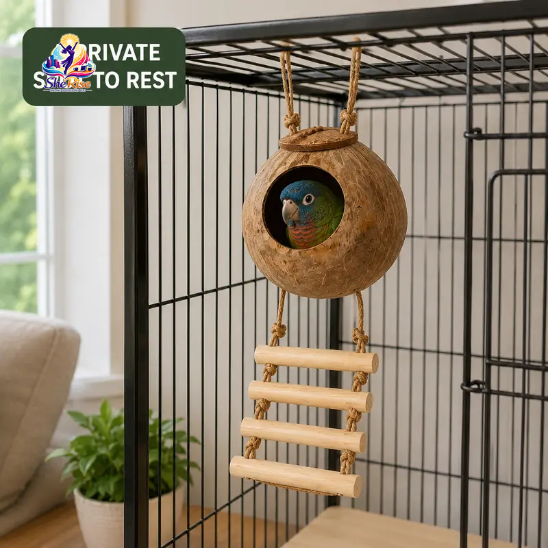 Transform your birdie's space with our Natural Coconut Shell Hanging Birdhouse! 🌴🐦 Featuring a cozy perch and a fun 4-step wooden ladder, it's the perfect retreat for your small birds like Conures and Parrots. 🥰🌼 #BirdHouse #PetLovers