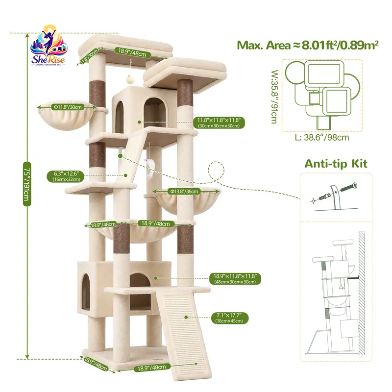 Purr-fect Playground for Your Cats! 🐾 75-Inch Tall Cat Tower with Scratching Posts, Hammocks & More! Ideal for Multiple Felines! 🌟🐱