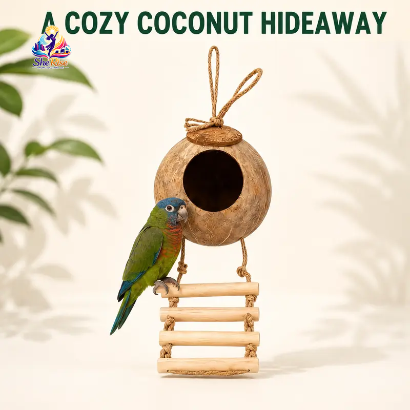 Transform your birdie's space with our Natural Coconut Shell Hanging Birdhouse! 🌴🐦 Featuring a cozy perch and a fun 4-step wooden ladder, it's the perfect retreat for your small birds like Conures and Parrots. 🥰🌼 #BirdHouse #PetLovers