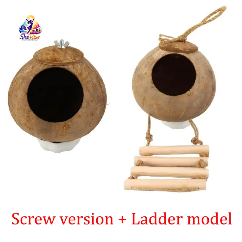 Transform your birdie's space with our Natural Coconut Shell Hanging Birdhouse! 🌴🐦 Featuring a cozy perch and a fun 4-step wooden ladder, it's the perfect retreat for your small birds like Conures and Parrots. 🥰🌼 #BirdHouse #PetLovers