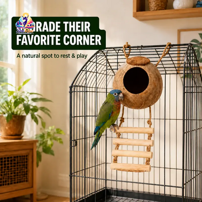 Transform your birdie's space with our Natural Coconut Shell Hanging Birdhouse! 🌴🐦 Featuring a cozy perch and a fun 4-step wooden ladder, it's the perfect retreat for your small birds like Conures and Parrots. 🥰🌼 #BirdHouse #PetLovers