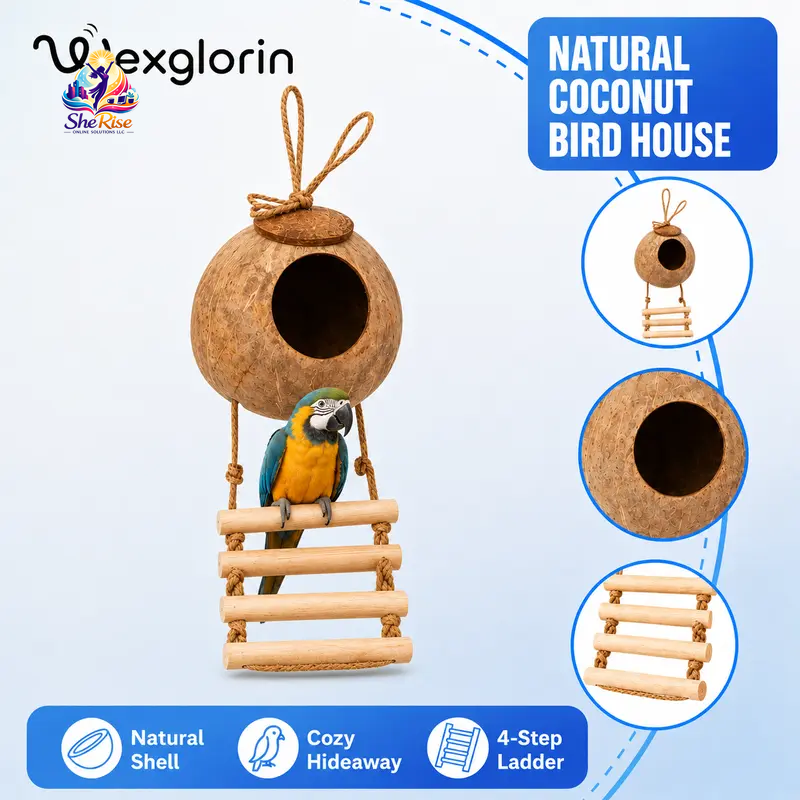 Transform your birdie's space with our Natural Coconut Shell Hanging Birdhouse! 🌴🐦 Featuring a cozy perch and a fun 4-step wooden ladder, it's the perfect retreat for your small birds like Conures and Parrots. 🥰🌼 #BirdHouse #PetLovers