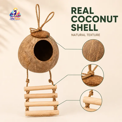 Transform your birdie's space with our Natural Coconut Shell Hanging Birdhouse! 🌴🐦 Featuring a cozy perch and a fun 4-step wooden ladder, it's the perfect retreat for your small birds like Conures and Parrots. 🥰🌼 #BirdHouse #PetLovers