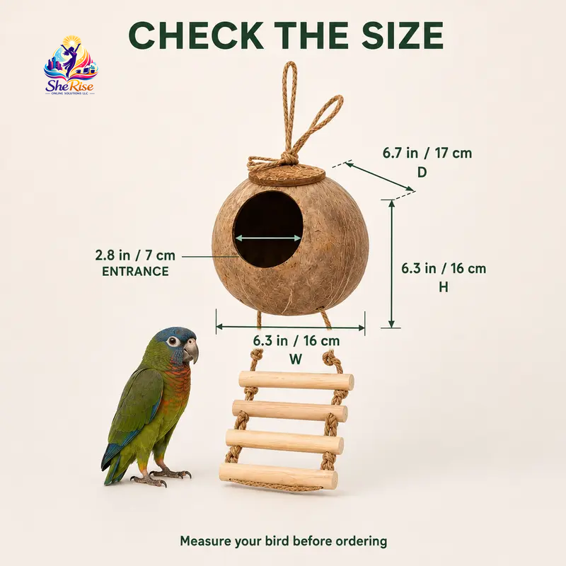 Transform your birdie's space with our Natural Coconut Shell Hanging Birdhouse! 🌴🐦 Featuring a cozy perch and a fun 4-step wooden ladder, it's the perfect retreat for your small birds like Conures and Parrots. 🥰🌼 #BirdHouse #PetLovers